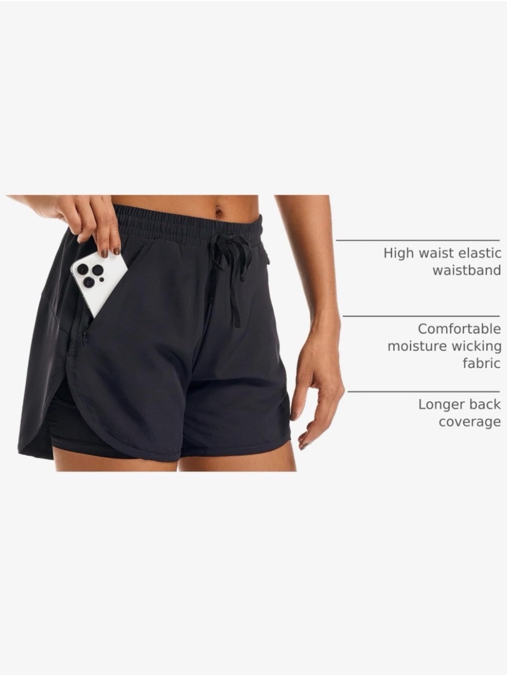 High-Rise Black Athletic Shorts with Inner Liner and Zip Pockets